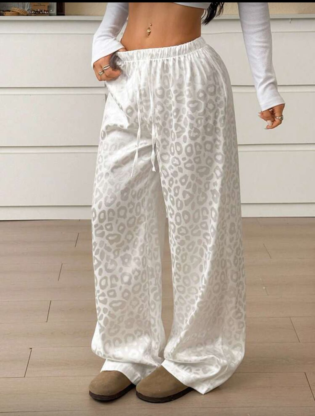 Leopard Print Pajama Pants Relaxed Wide-leg Fit, Drawstring Waist