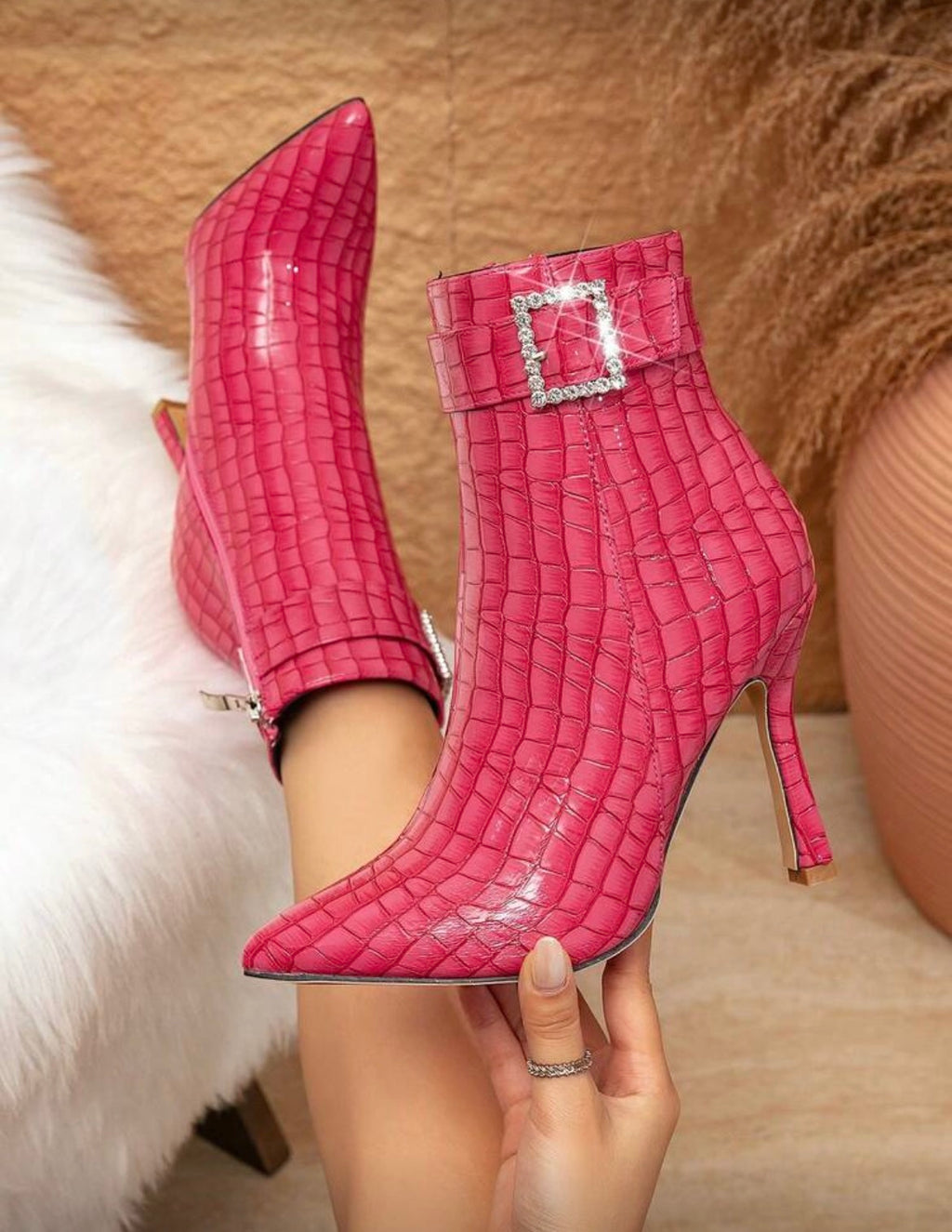 “Rhinestone Buckle” Ankle Suede Boots Pointed Toe & Slim High Heel