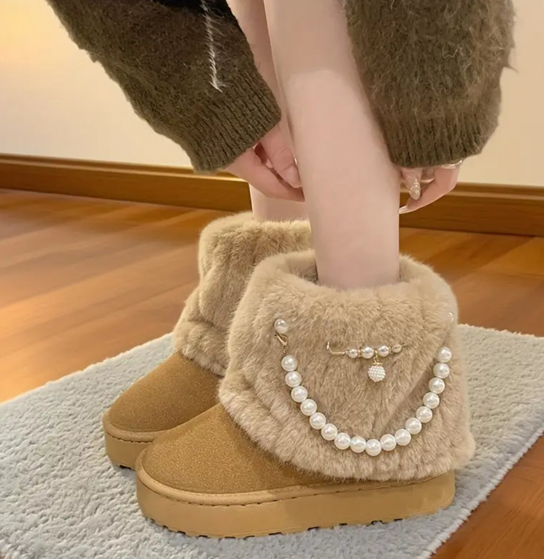 Elegant Ankle Winter Snow Moccasin Boots Faux Fur-like Lining & Pearl Detailing