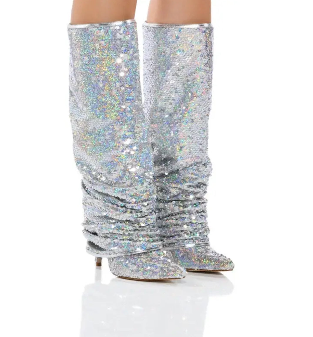 “Diva Sparkle” Women's Knee High Pleated Heel Boots