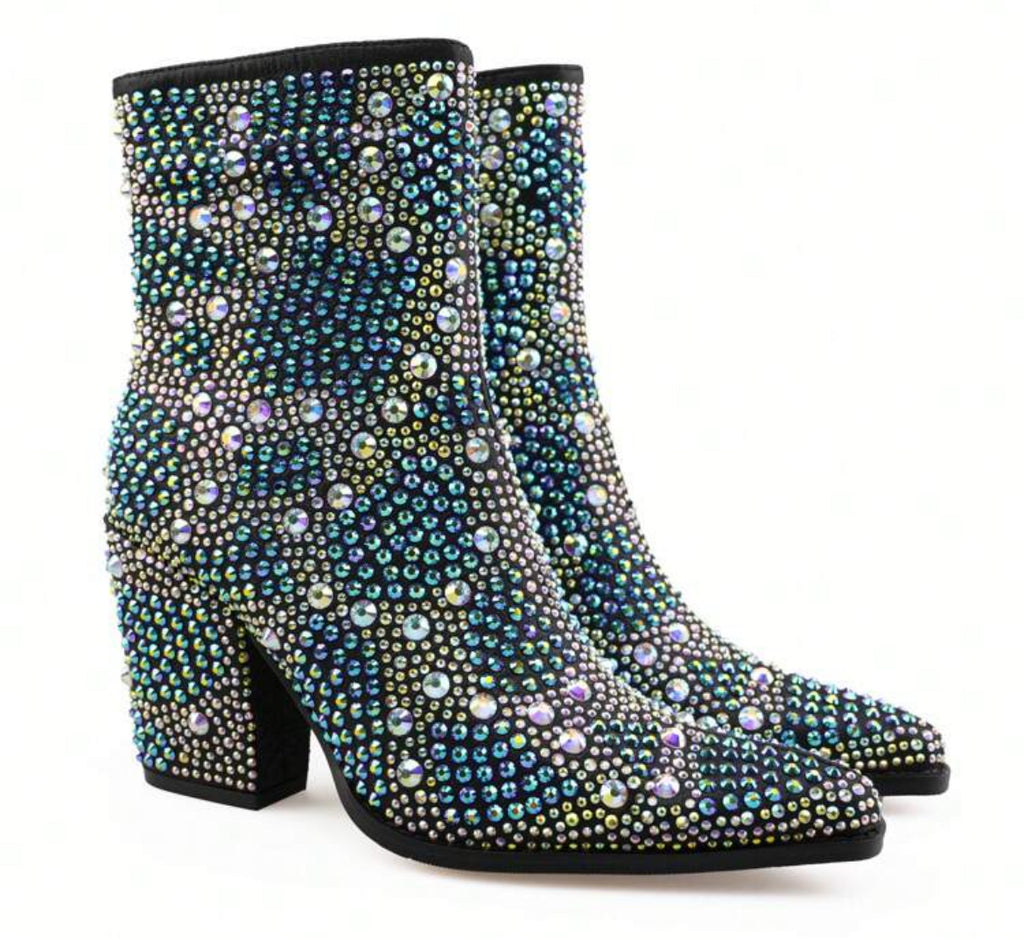 Magic Blue Crystal Diamonds Encrusted Women's Mid-calf Boots, Side Zipper 