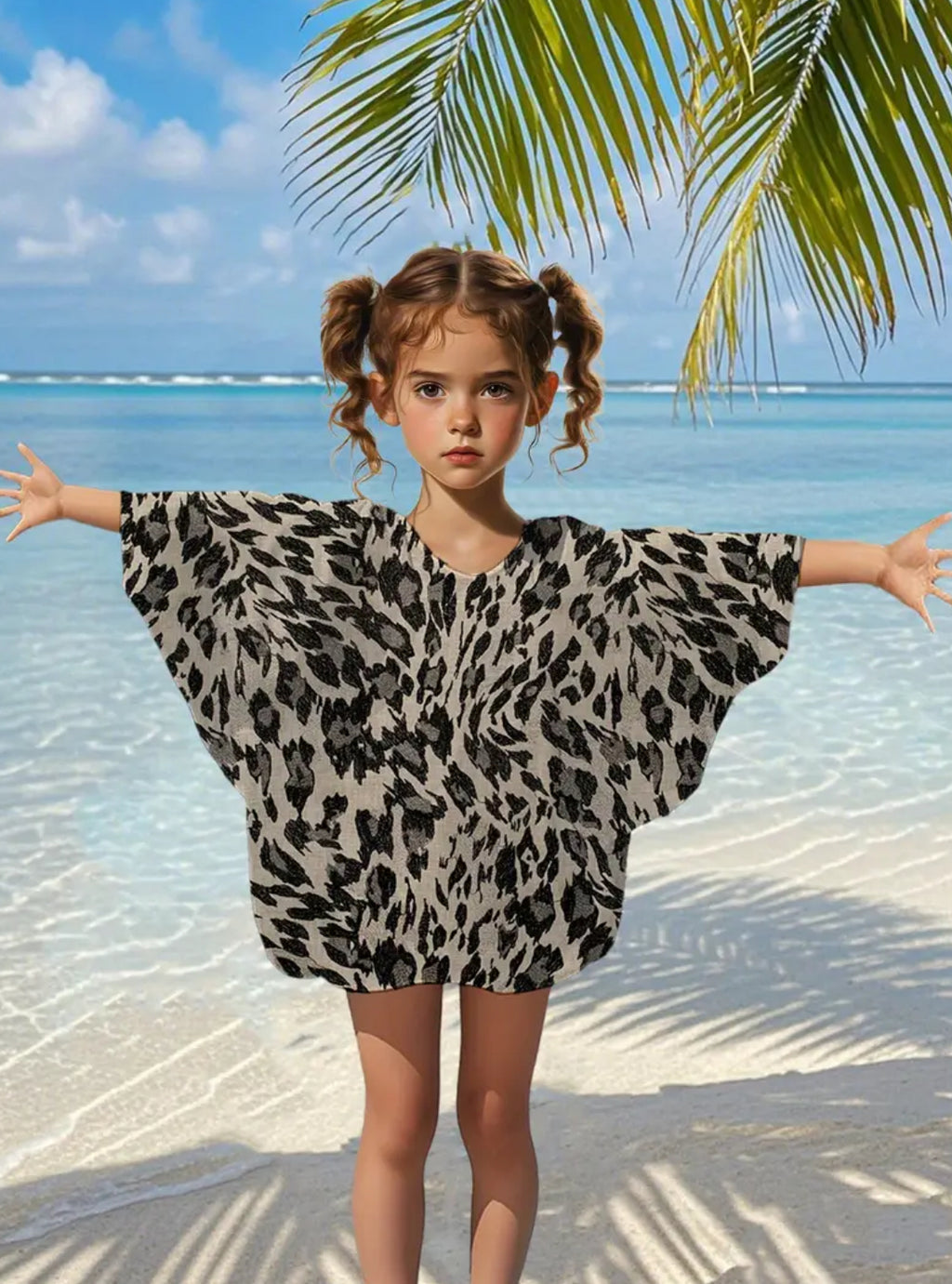 Girls Lightweight Leopard Print Beach Cover-Up Dress with Batwing Sleeves