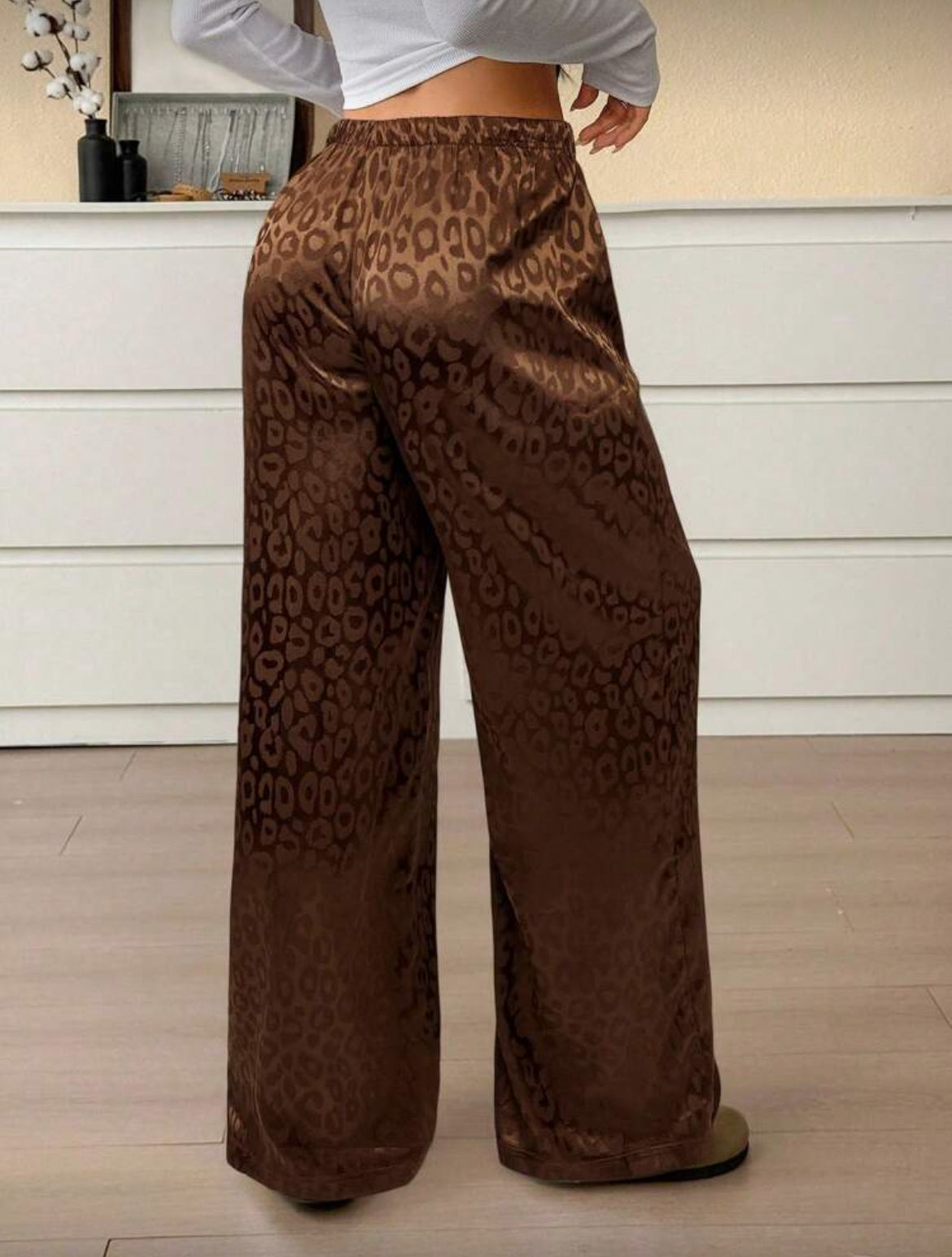 Leopard Print Pajama Pants Relaxed Wide-leg Fit, Drawstring Waist
