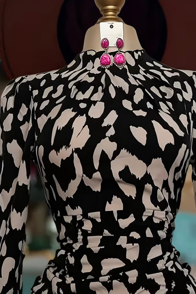 Leopard Print Bodycon Mini Dress | Elegant High Neck, Long Sleeve

 