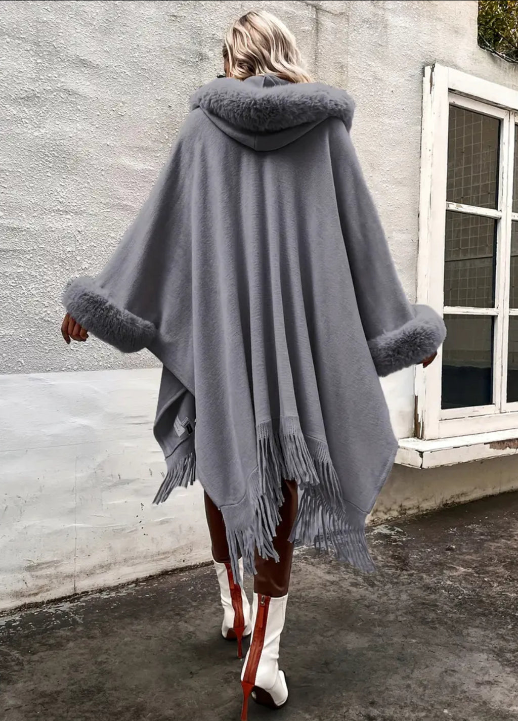 Chic Hooded Cape Coat - Long Sleeve V-Neck with Fringe Trim