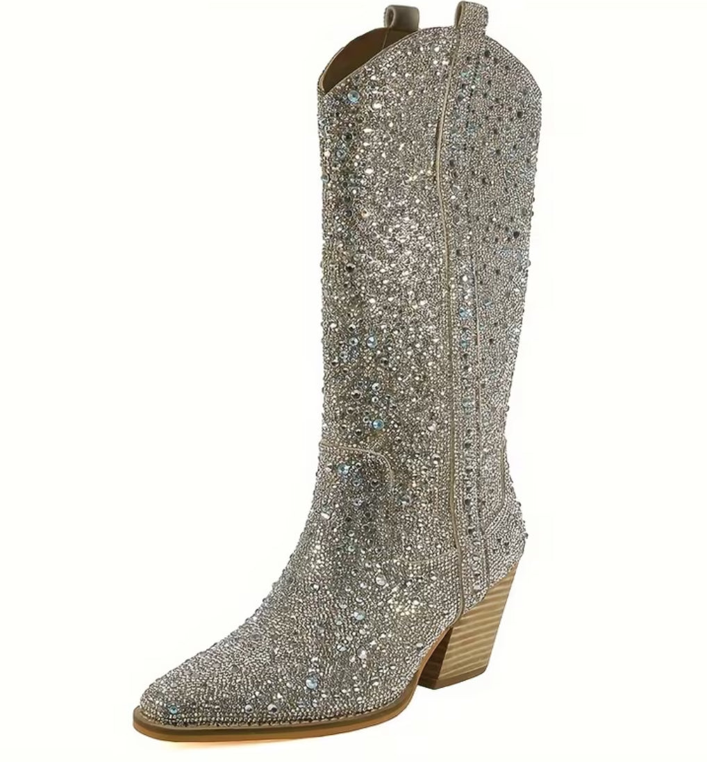 “Crystals” Pointed Toe, Mid-Calf Block/Stacked Heel Boots