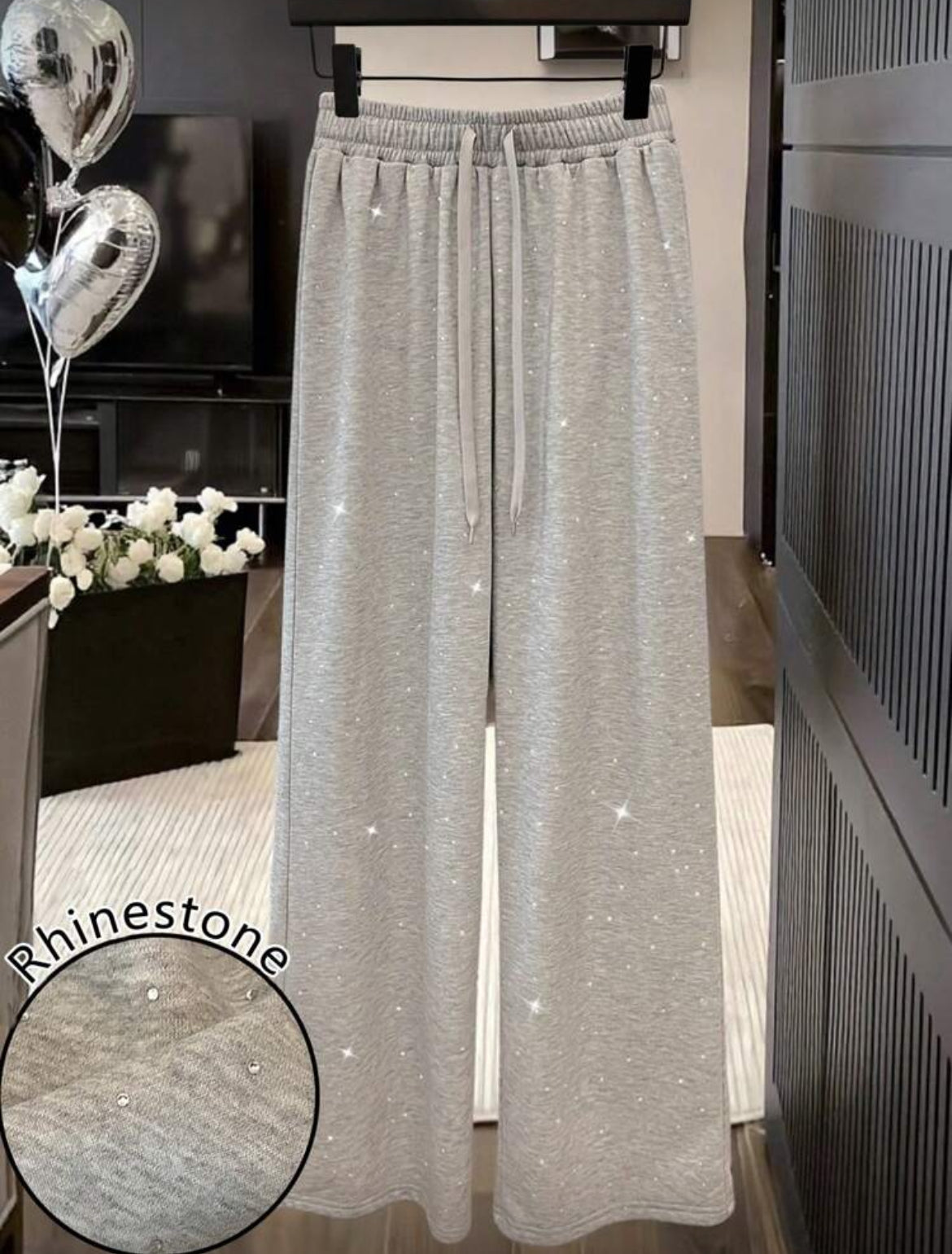 Rhinestone Embellished High Waist Drawstring Loose Fit Sweatpants