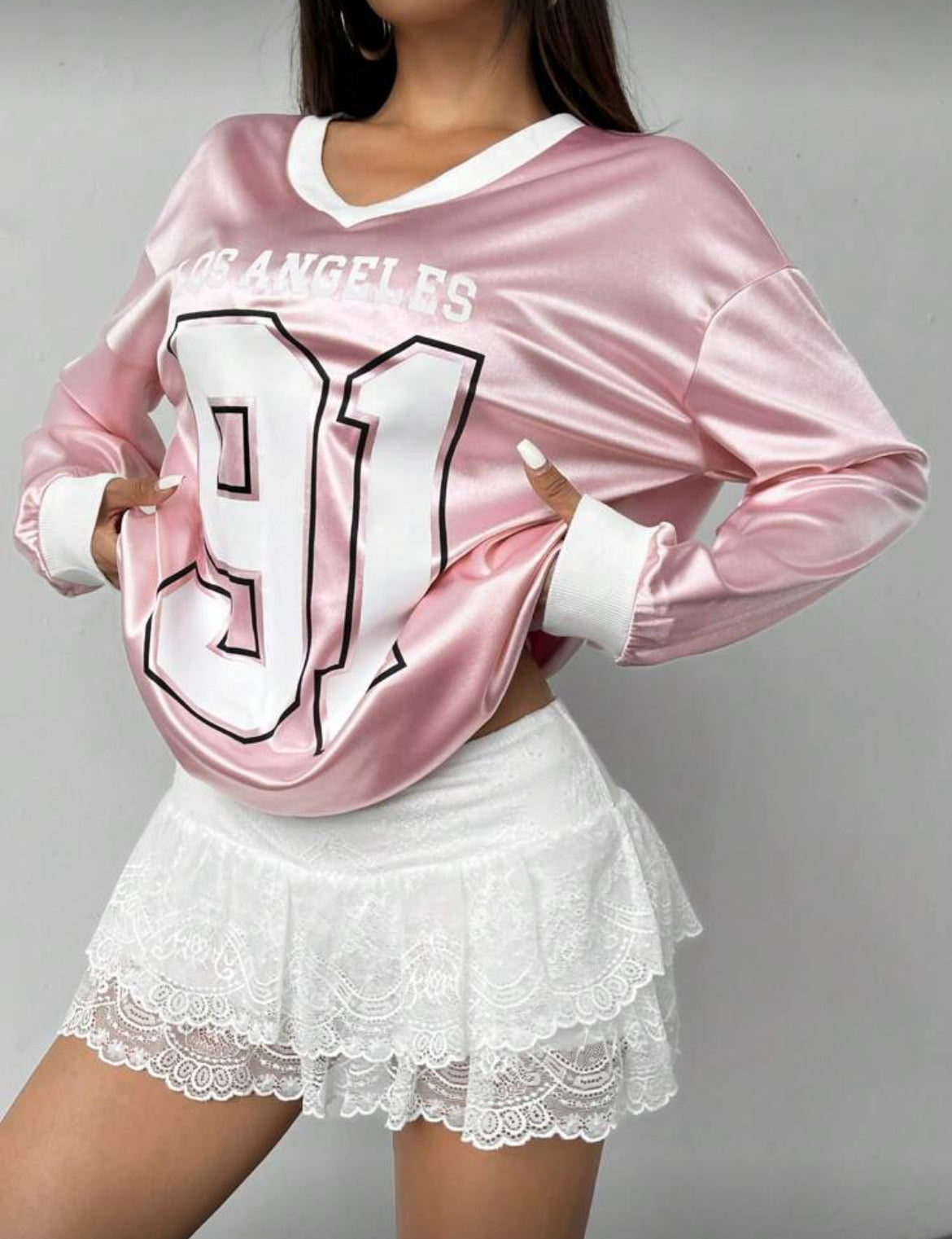 “Los Angeles Sweetheart” Drop Shoulder Long Sleeve V-Neck Satin Sweatshirt 