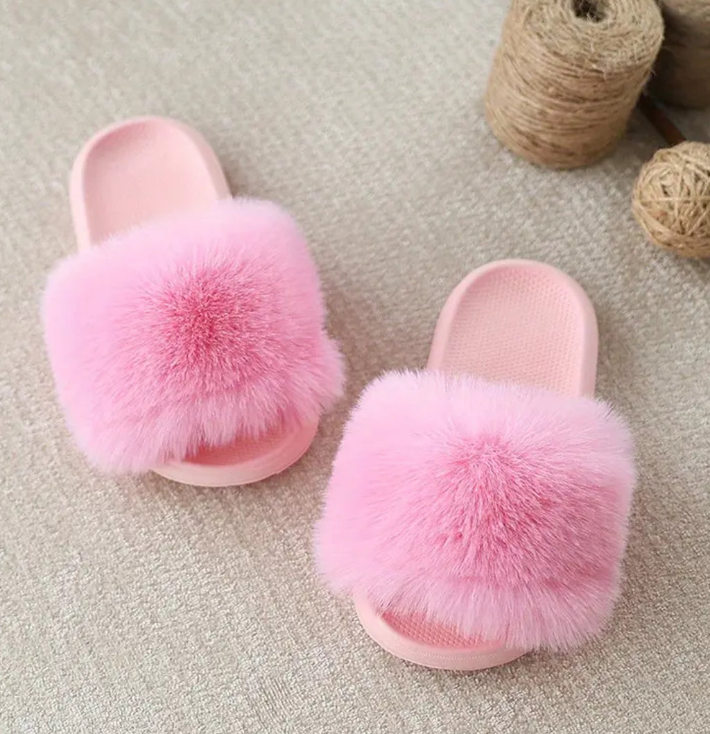 Girls Fluffy Plush Slippers - Slip-On EVA Sole, Non-Slip Comfort