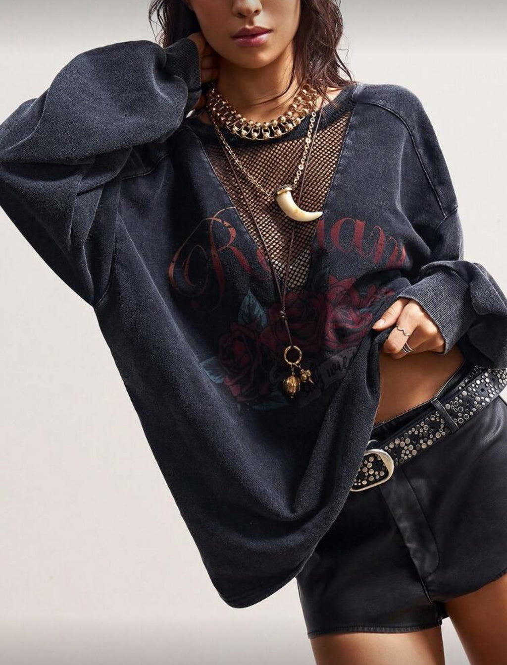 “Grunge” Mesh Crew Neck Washed Black Sweatshirt
