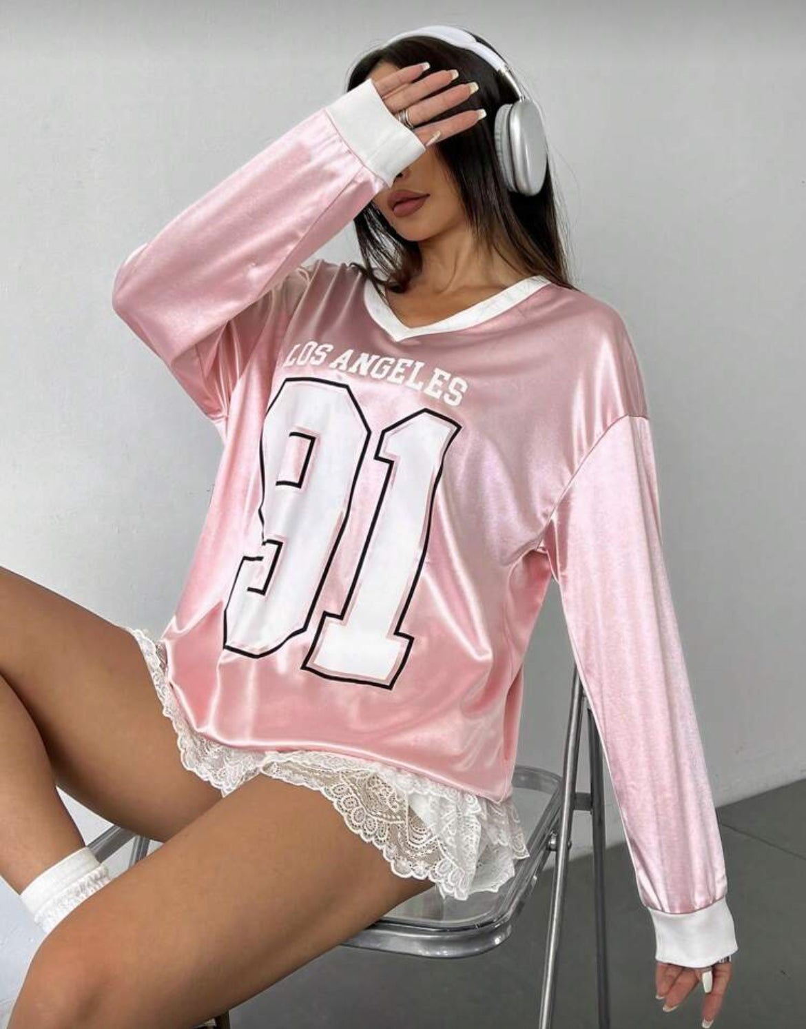 “Los Angeles Sweetheart” Drop Shoulder Long Sleeve V-Neck Satin Sweatshirt 