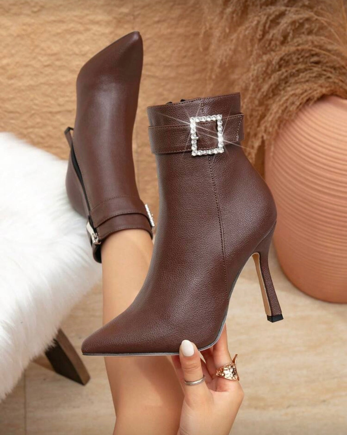 “Rhinestone Buckle” Ankle Suede Boots Pointed Toe & Slim High Heel