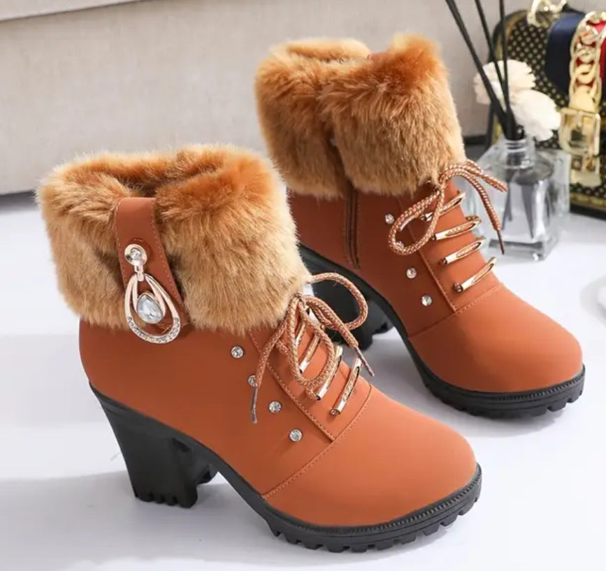 “Rhinestones” Chunky Heel Faux Fur Trim Mid-Calf Boots with Side Zipper by