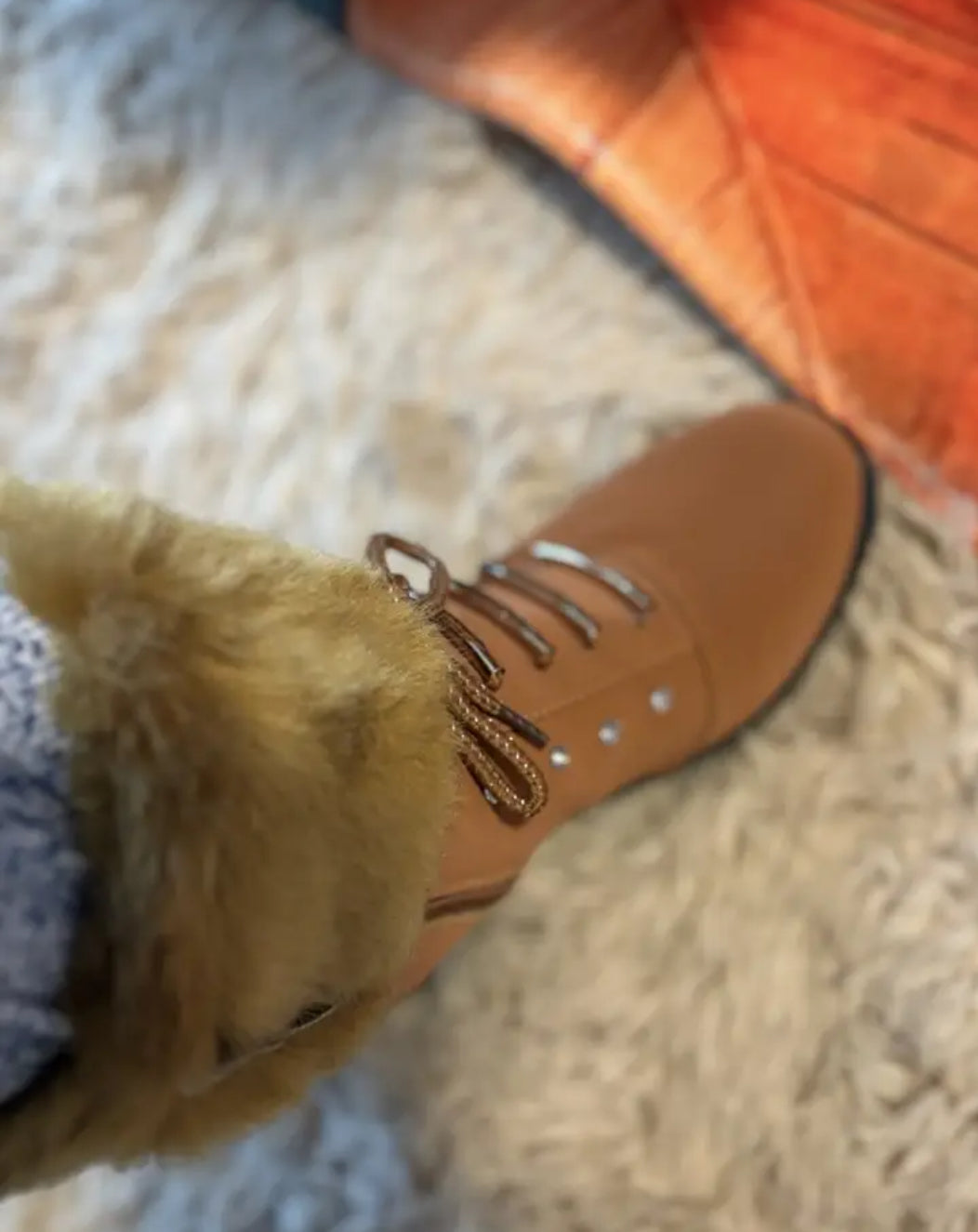 “Rhinestones” Chunky Heel Faux Fur Trim Mid-Calf Boots with Side Zipper by