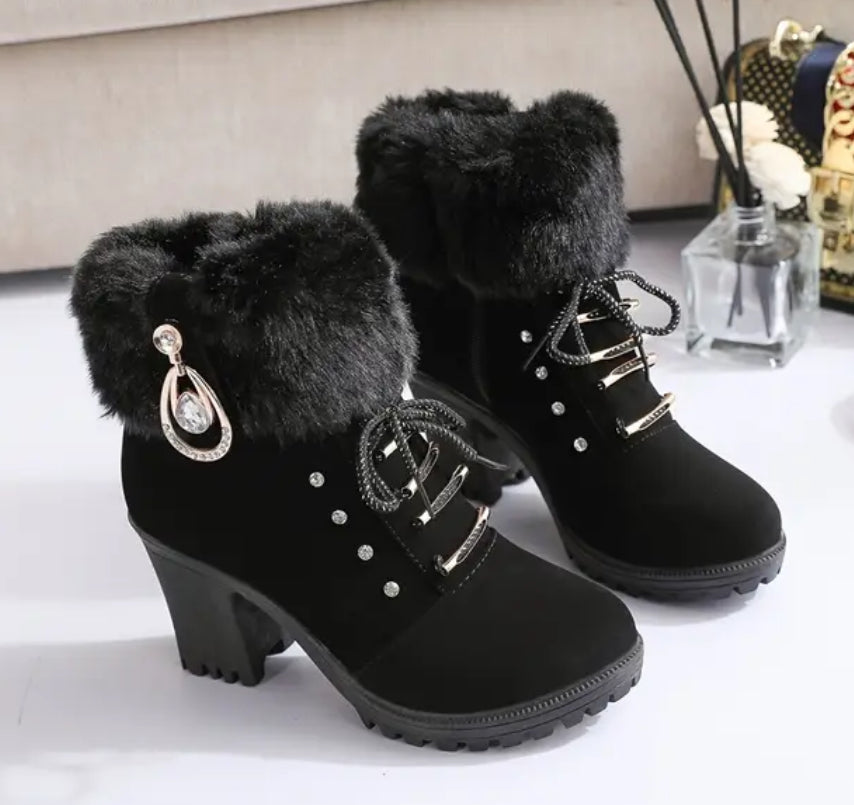“Rhinestones” Chunky Heel Faux Fur Trim Mid-Calf Boots with Side Zipper by