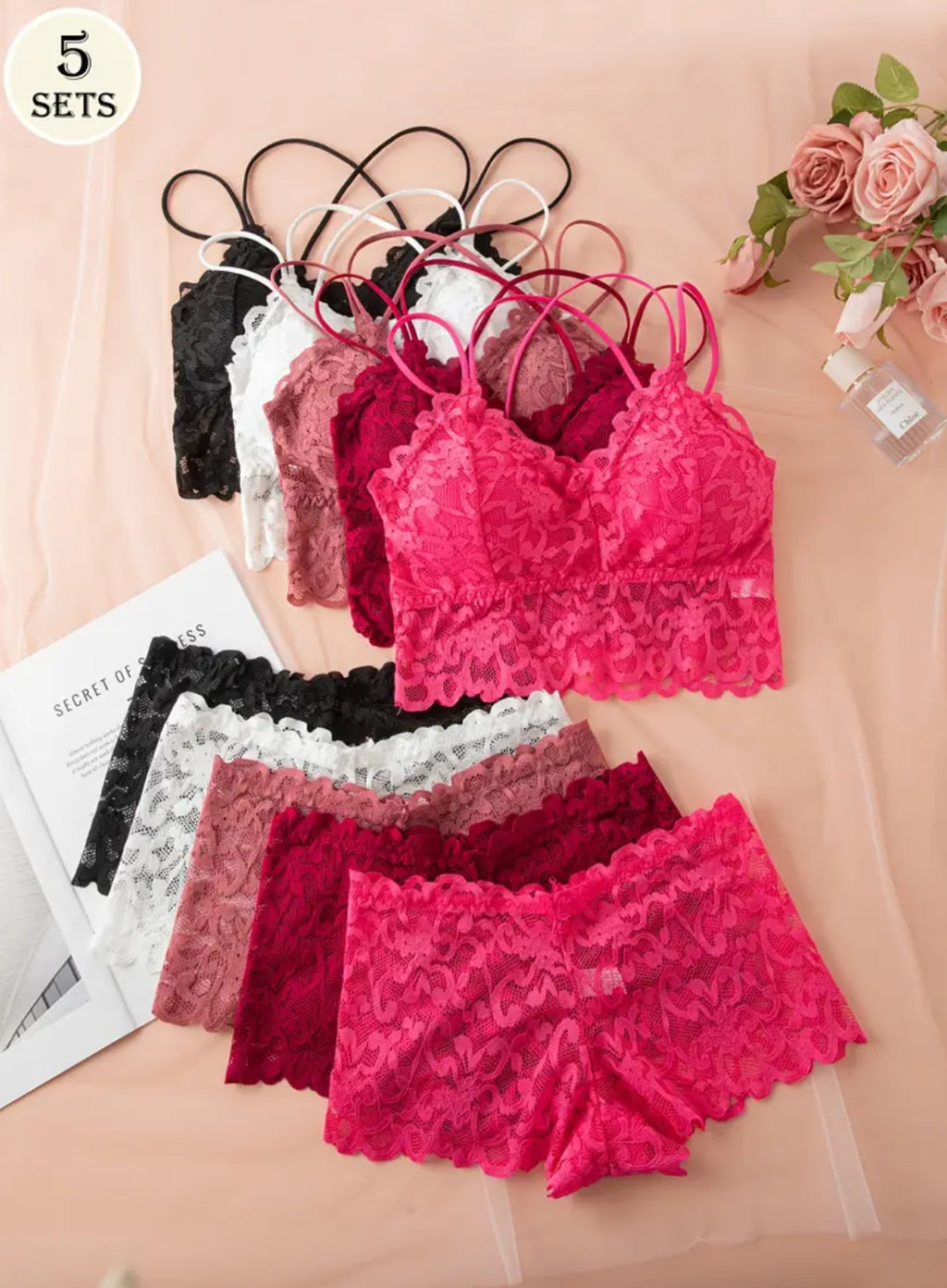 5 Set ‘DIVA’ Soft Lace Lingerie Bralette & Undergarments