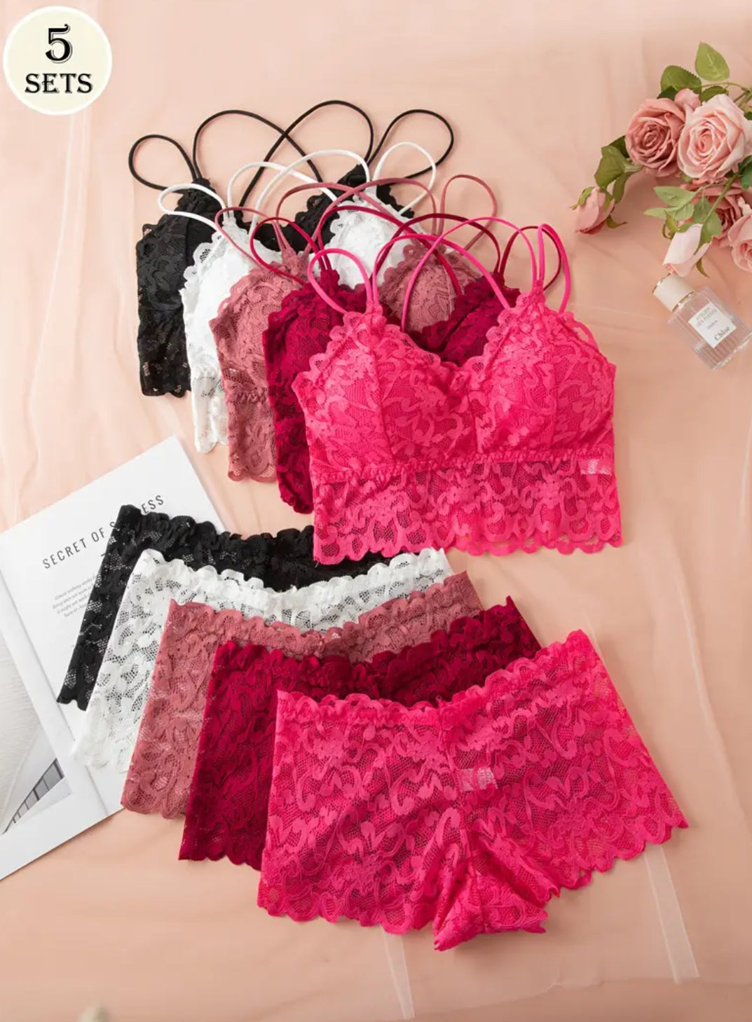 5 Set ‘DIVA’ Soft Lace Lingerie Bralette & Undergarments