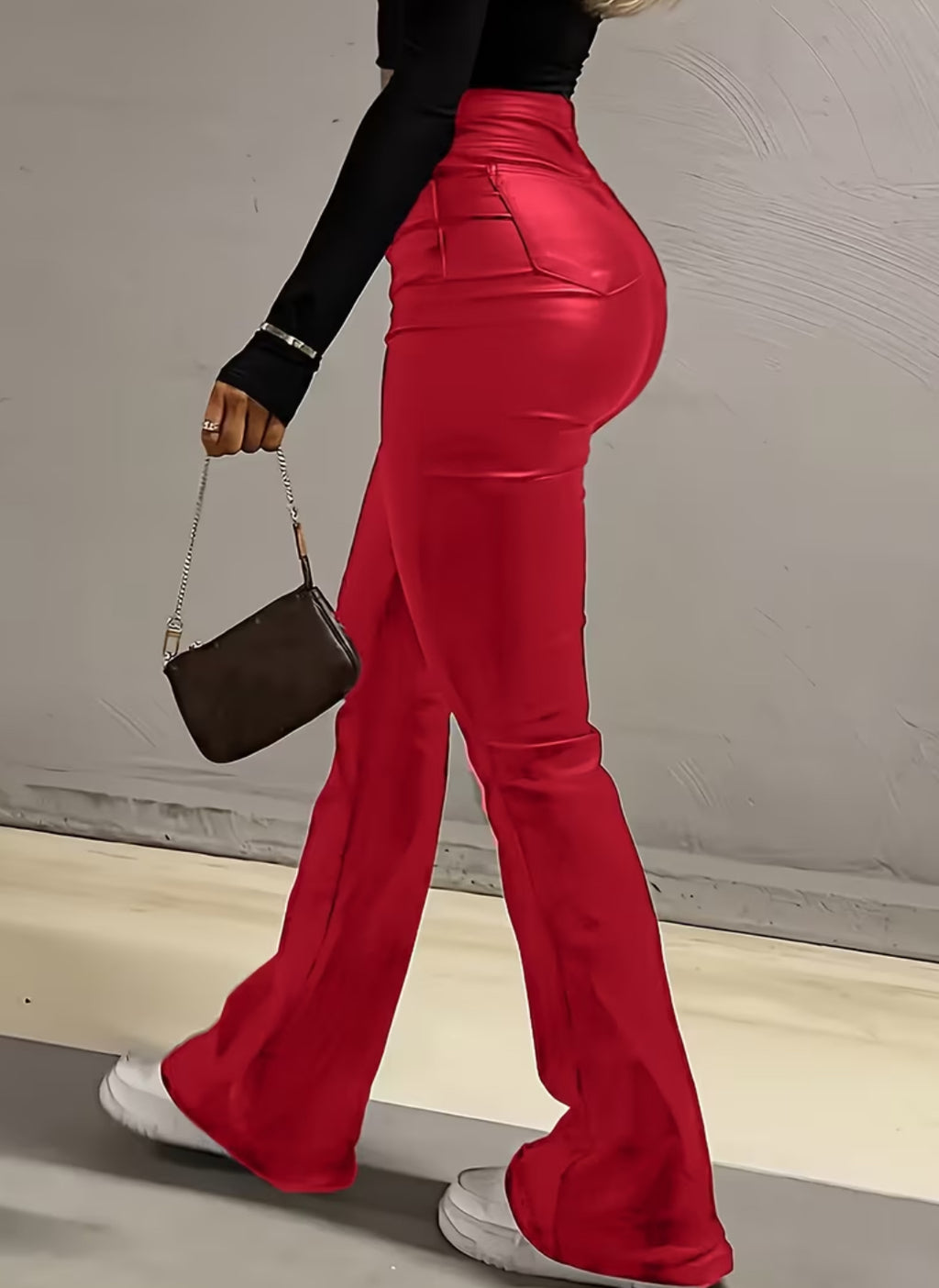 Women's Flared Bell Bottom High-Waisted, Faux Leather- Machine Washable 