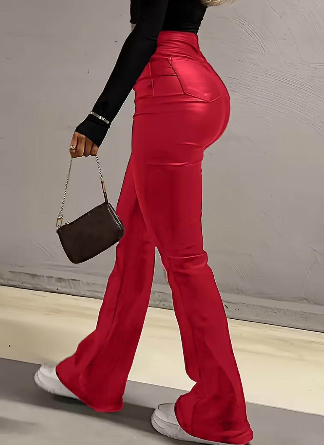 Women's Flared Bell Bottom High-Waisted, Faux Leather- Machine Washable 