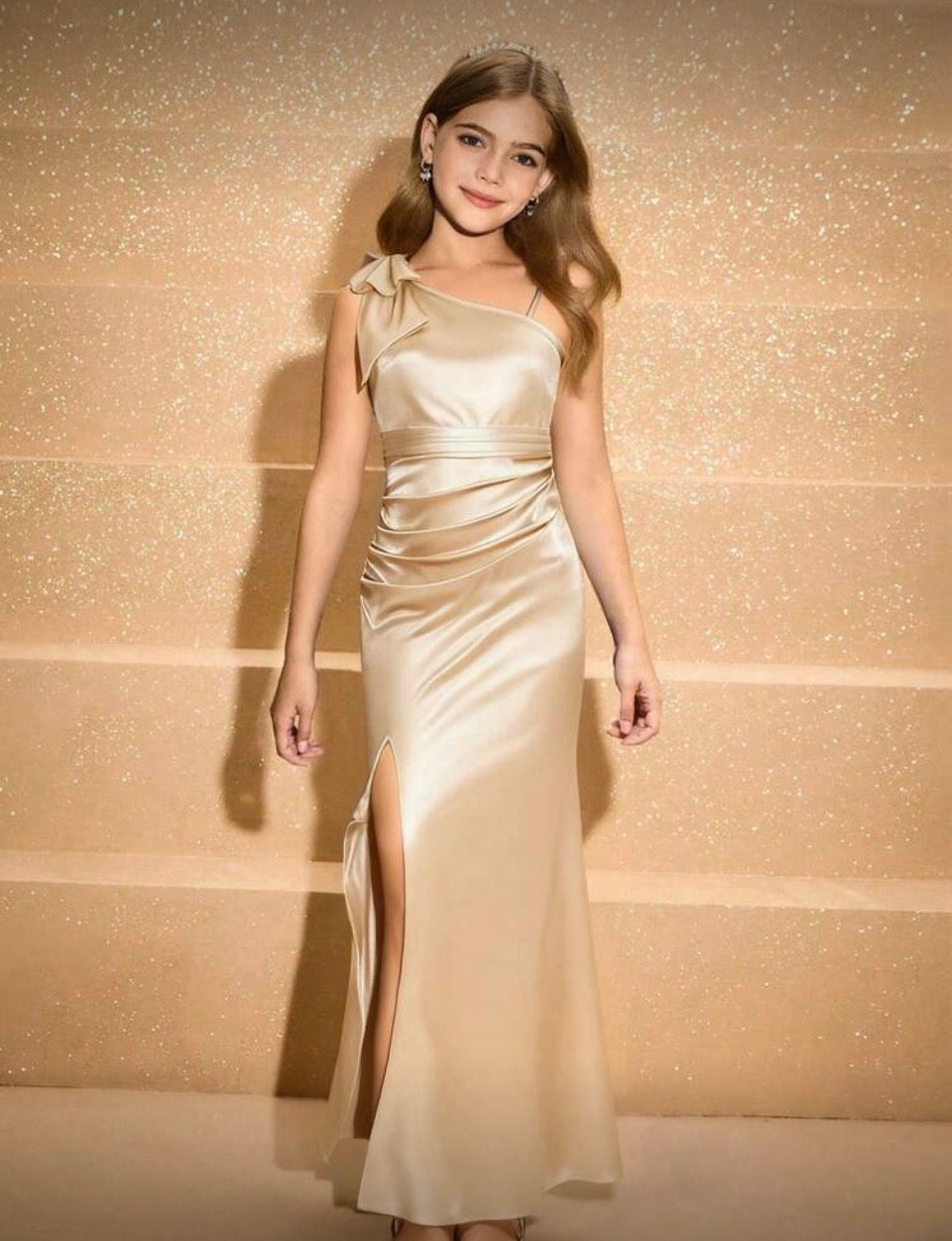 Tween “Glossy” Elegant Satin One-Shoulder Bow Decor High-Waist Long Slit Design