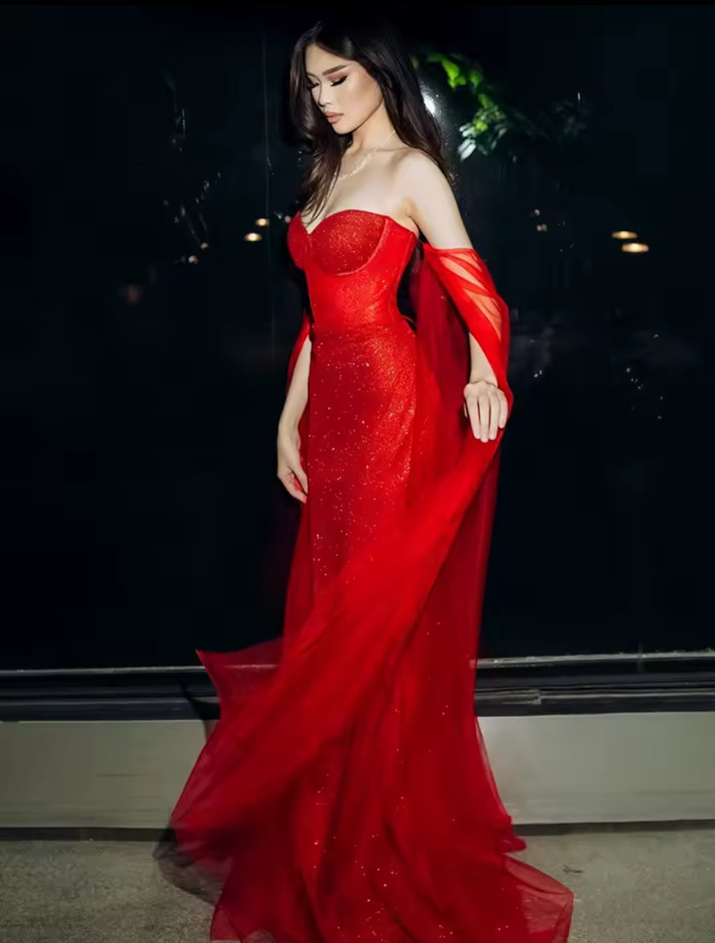 Mermaid Silhouette Glitter Embellished Gown Sweetheart Neckline Dramatic Flowing Sheer Off-The-Shoulder Sleeve