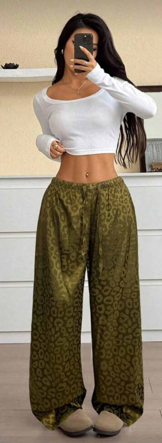 Leopard Print Pajama Pants Relaxed Wide-leg Fit, Drawstring Waist