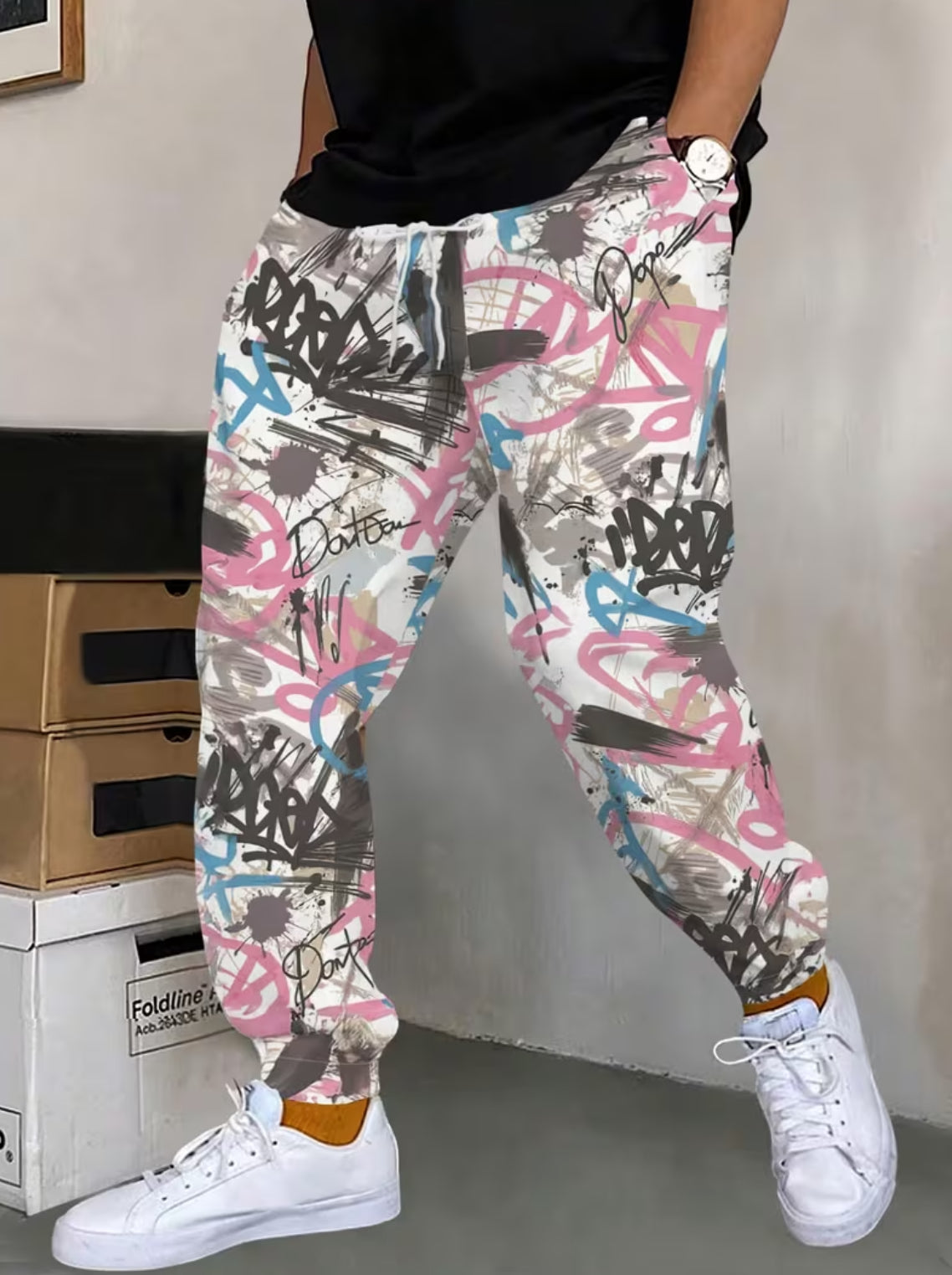 Men's Graffiti Print, Tapered - Loose Fit Streetwear Joggers