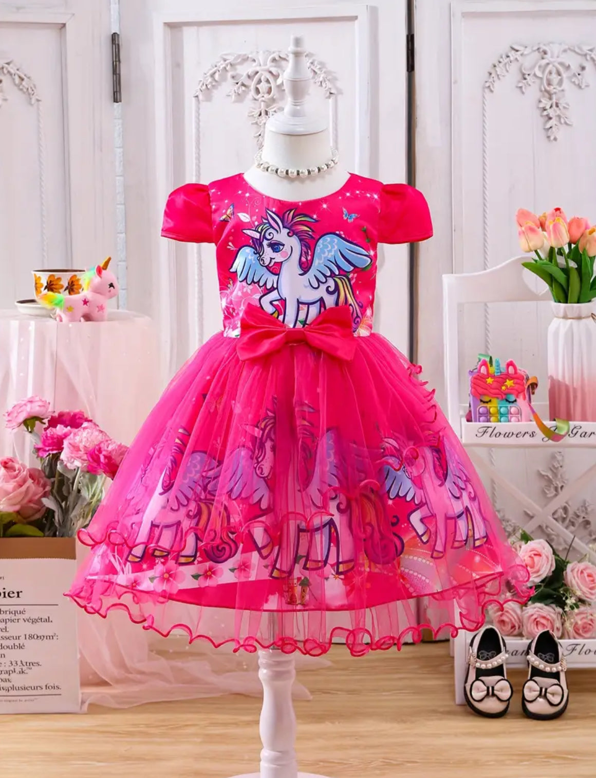 Girls Unicorm Dress Petal Sleeves, Mesh Detail, Knee-Length with Bow Accent 🦄