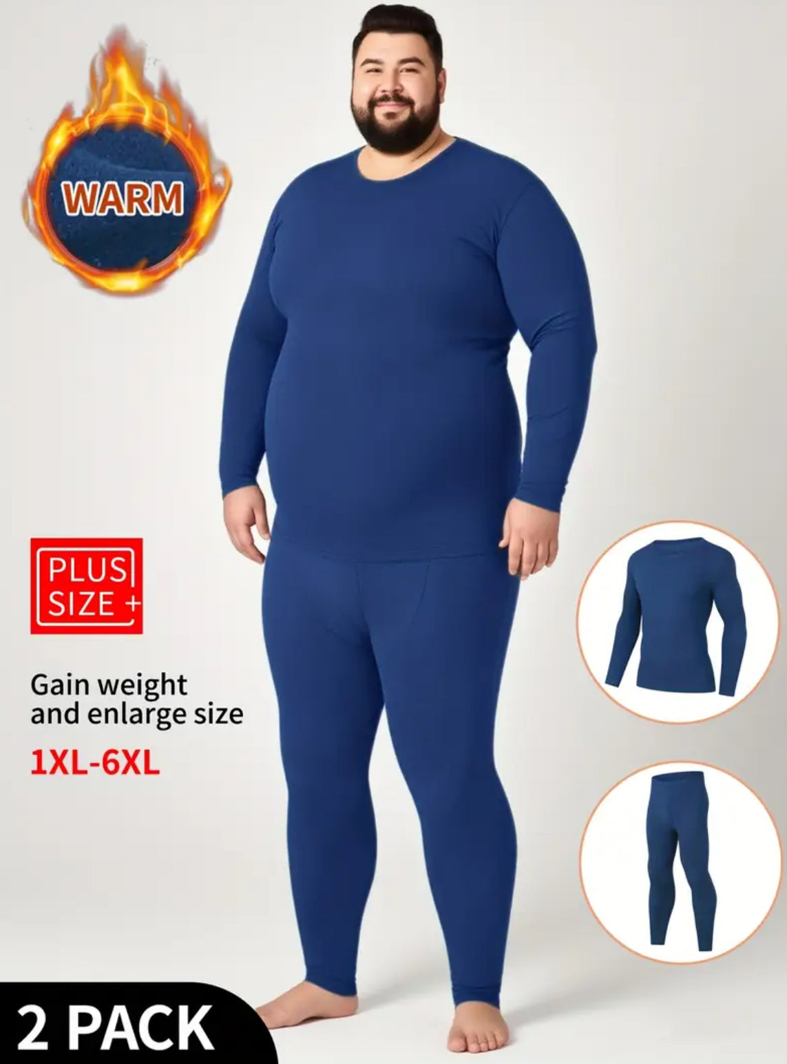 Men’s Plus Size & Tall Thermal Layering 2pcs Set Long Sleeve T-Shirt + Pants Up To 6XL