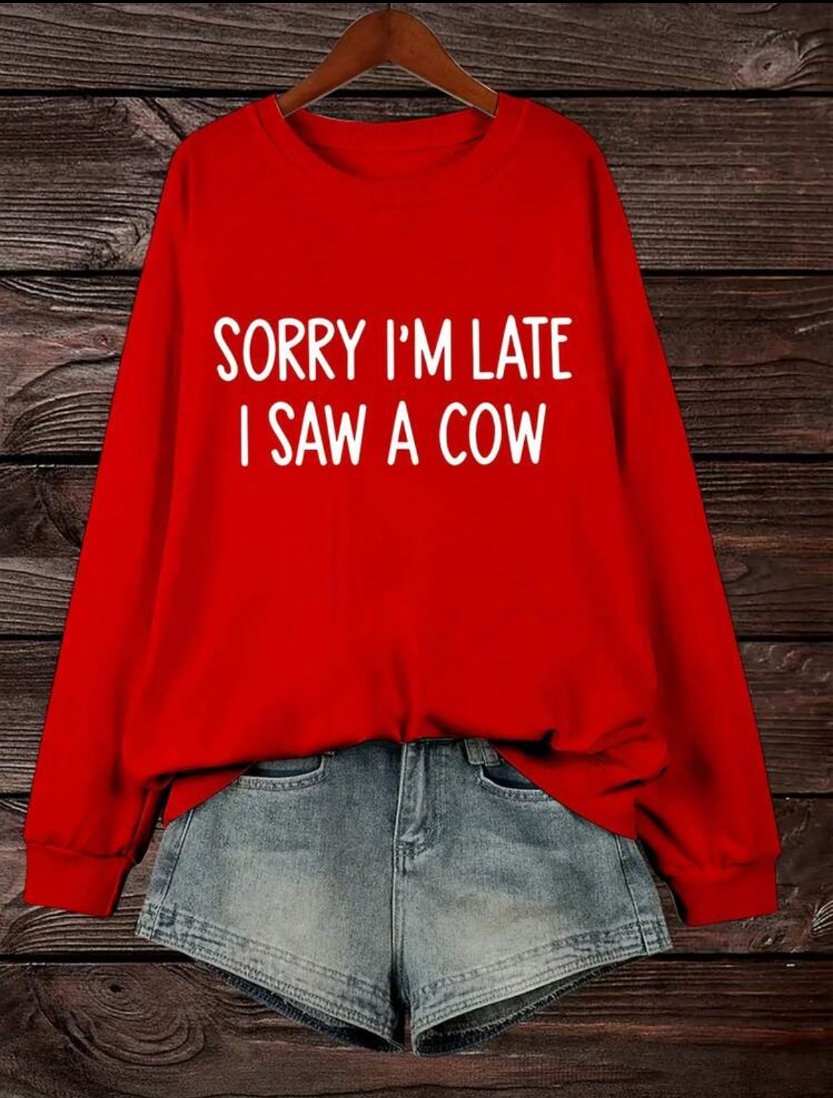 Women's Sweatshirt - 'Sorry I'm Late, I Saw A Cow’ Loose Round Neck Casual Style 