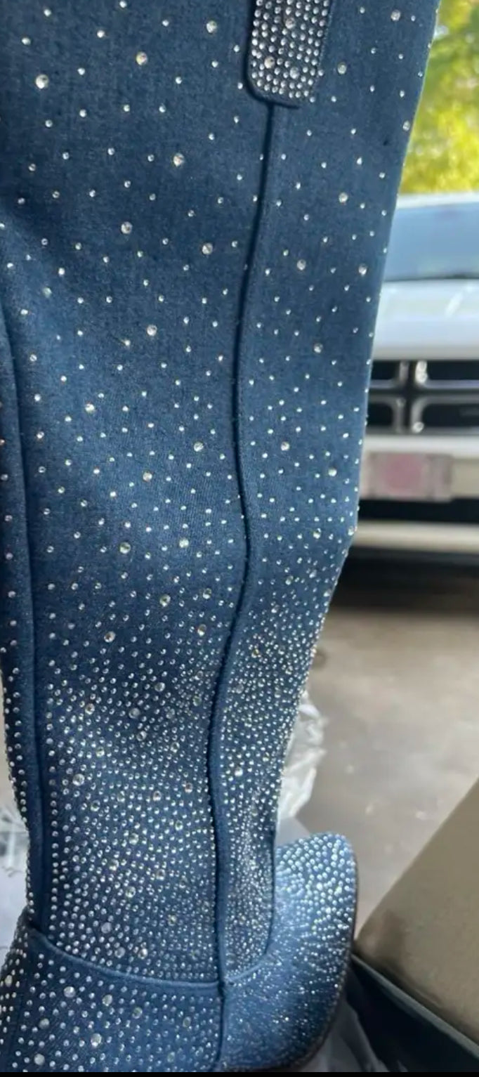 Crystal’s Encrusted Women's Western Cowboy Knee-High Boots + Side Zipper 