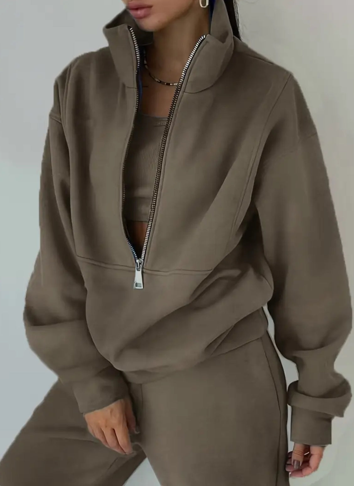 Sporty Chic Two-piece Set| Half-Zip Sweatshirt + High-Waisted Sweatpants