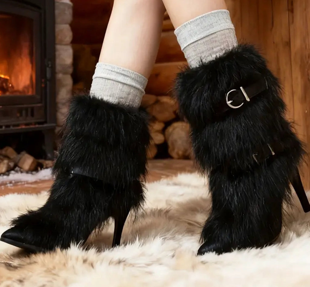 Faux Fur Winter Ankle Boots with High Heel Stiletto - Buckle Strap & Slip-Resistant Rubber Sole 