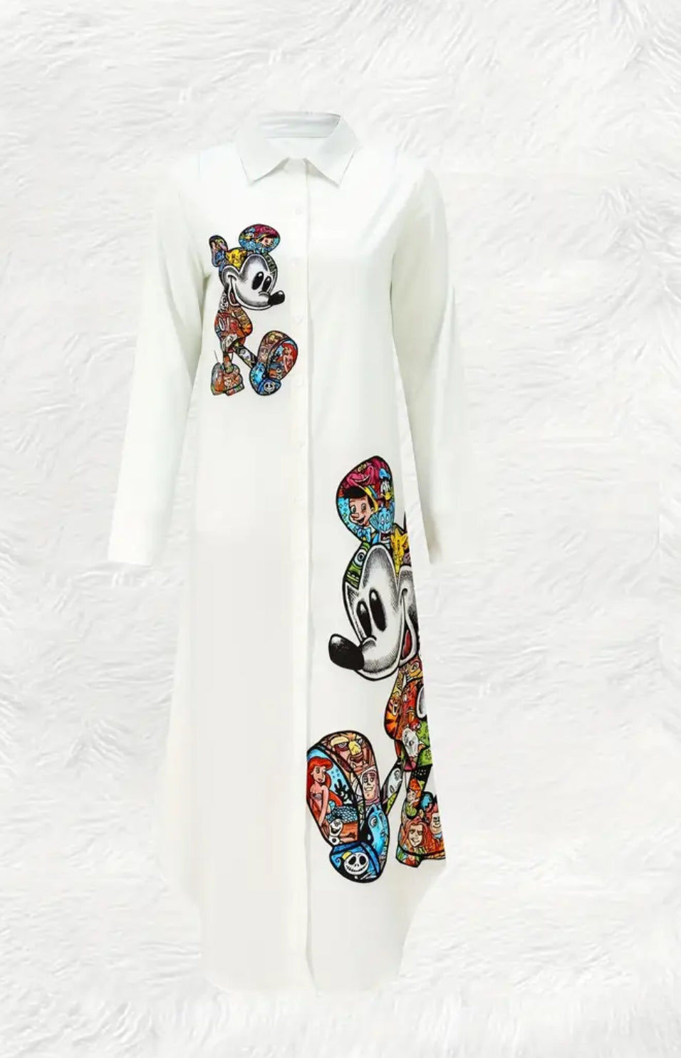 “Disney Chic” Women's Cartoon Print Long Sleeve Dress - V-Neck Button-Up with Puff Sleeves