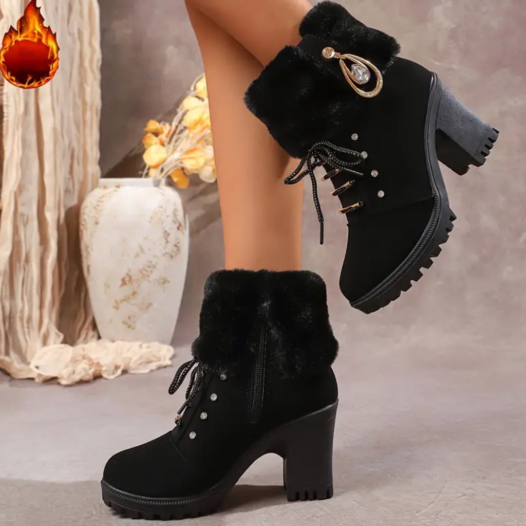 Teen Faux Fur-Leather Ankle boots Lace-up front, Side Zipper Closure & Rhinestone embellishment