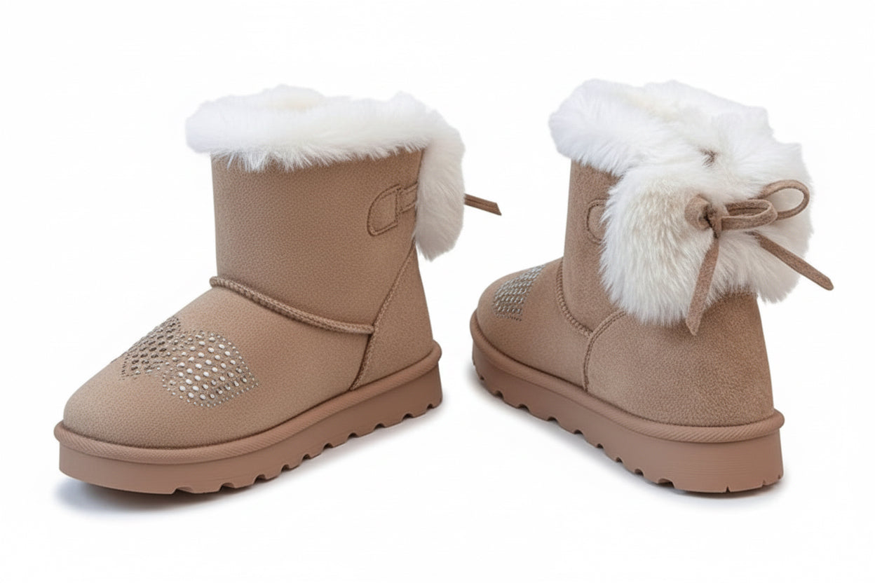 Girls' Winter Mid-Top Snow Boots with Rhinestone Heart & Bows