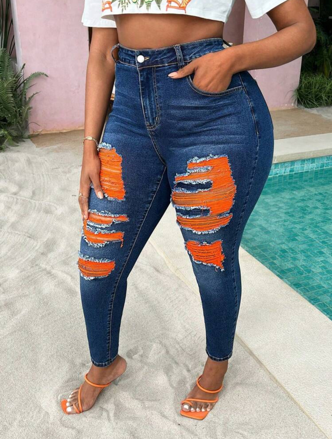 ‘Citrus’ Posh Curve Orange Ripped Blue Denim Skinny Jeans