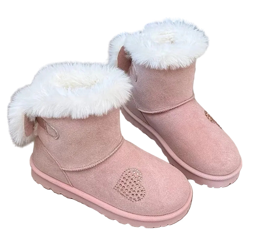 Girls' Winter Mid-Top Snow Boots with Rhinestone Heart & Bows