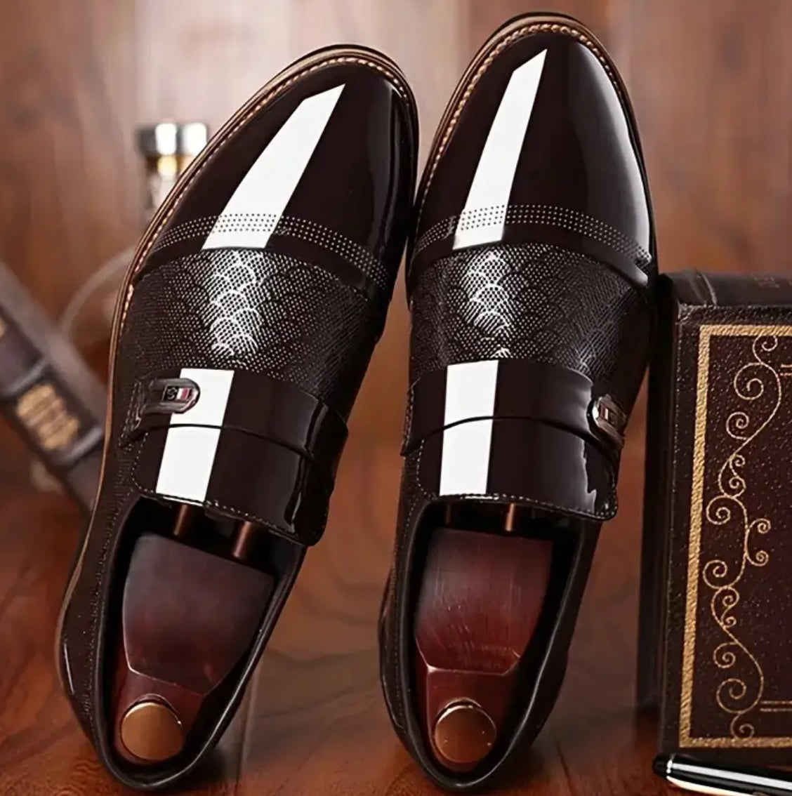 Men’s Dress Shoes Featuring A Shiny Patent Faux Leather, Upper Textured Mid-Section + Decorative Strap Across