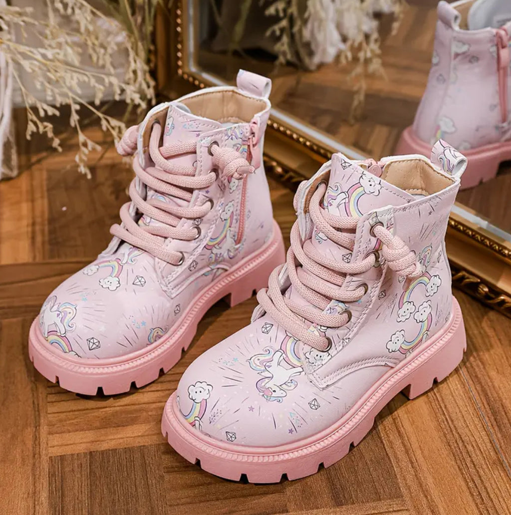 “Unicorn Timb’s” Girls' Pink Rainbow Non-Slip Ankle Boots