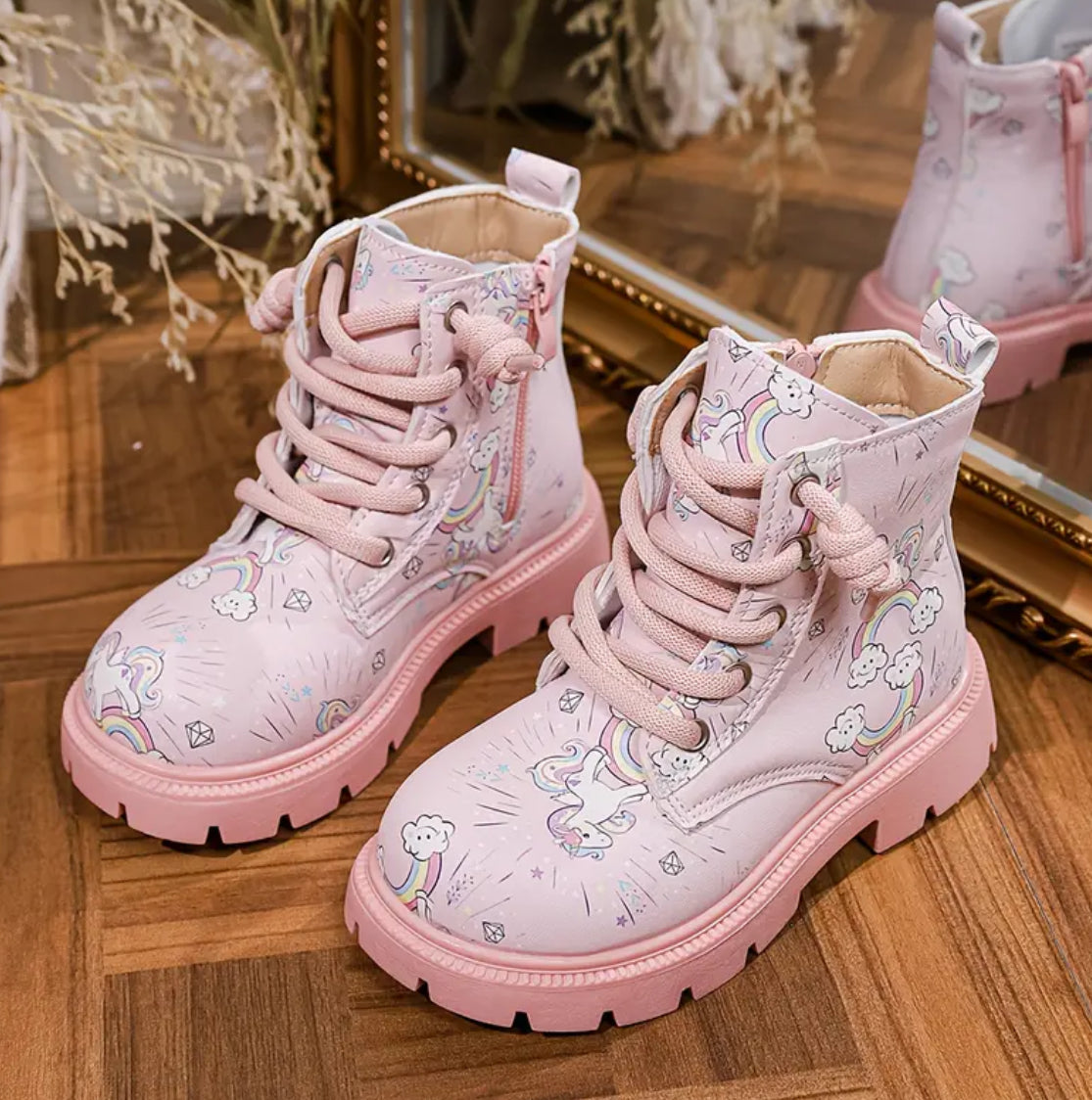 “Unicorn Timb’s” Girls' Pink Rainbow Non-Slip Ankle Boots