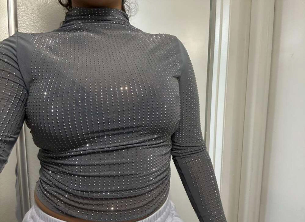Gray Fashion Wear, Sparkling Rhinestone Decor- Fitted Sheer Mesh Crop Top