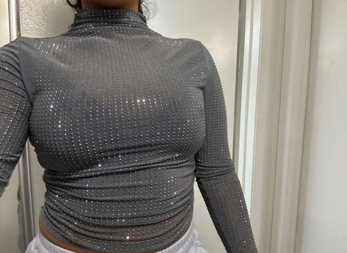 Gray Fashion Wear, Sparkling Rhinestone Decor- Fitted Sheer Mesh Crop Top