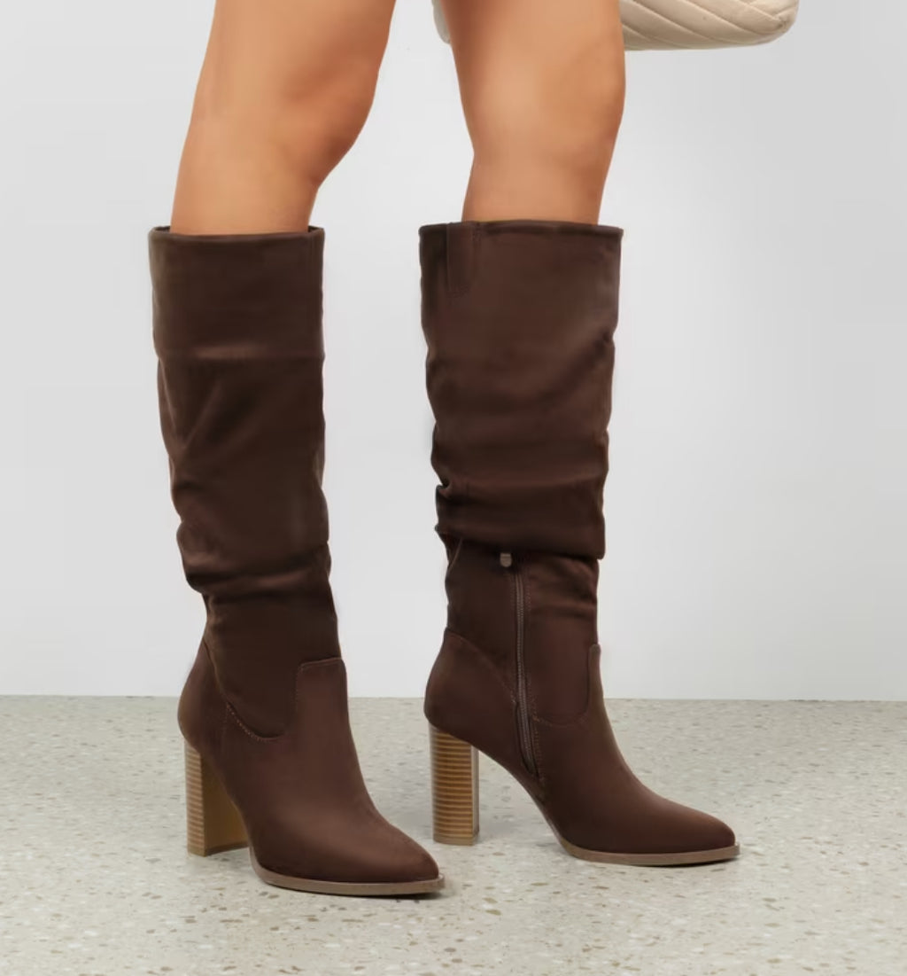 Suede Slouchy Knee-High Boots With a Chunky Block Heel Pointed Toe Side Zipper & Pull Accent