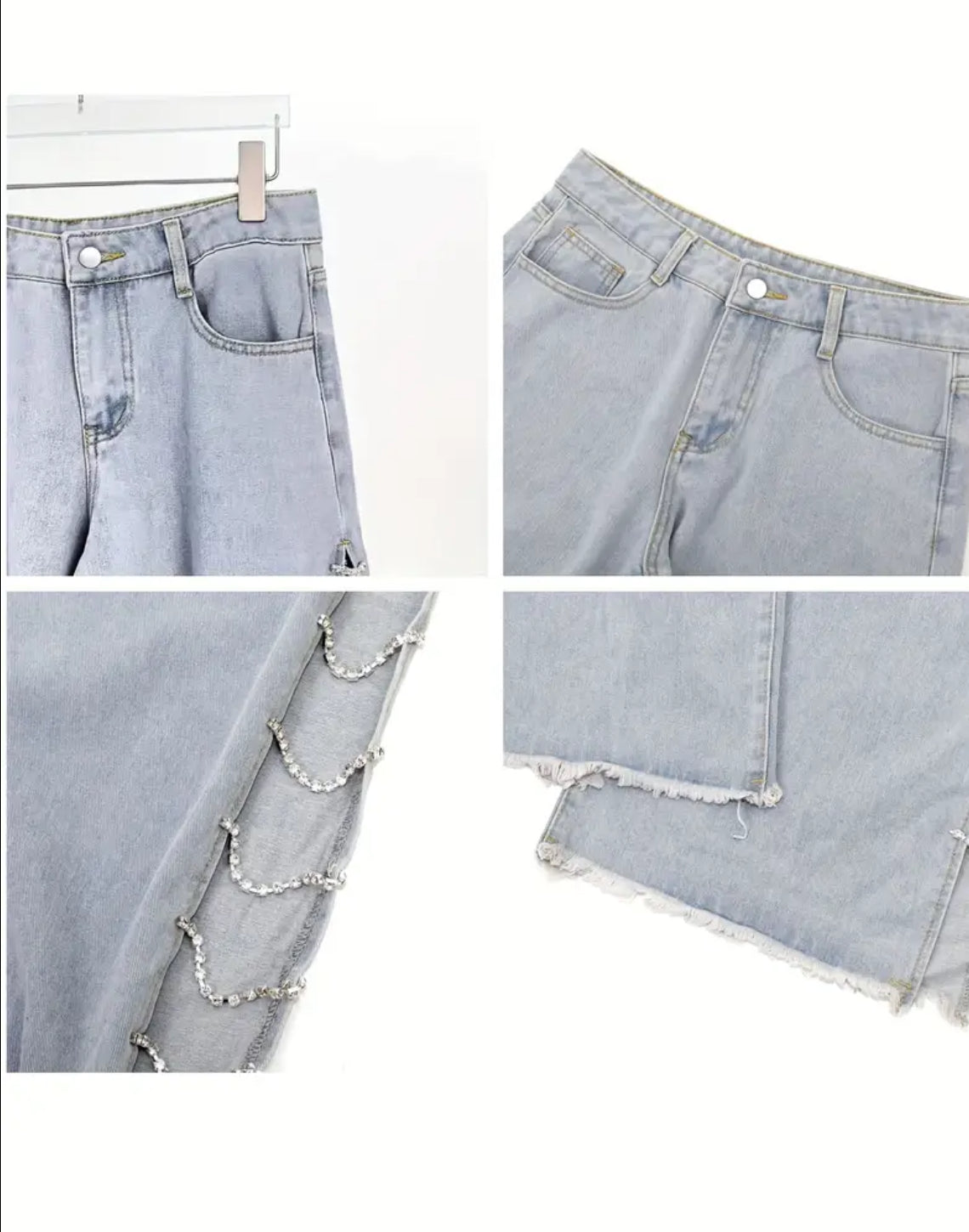 “Rhinestones & Chains” Side Slits, Loose High-Waisted Light Blue Distressed Wide-Leg Jeans