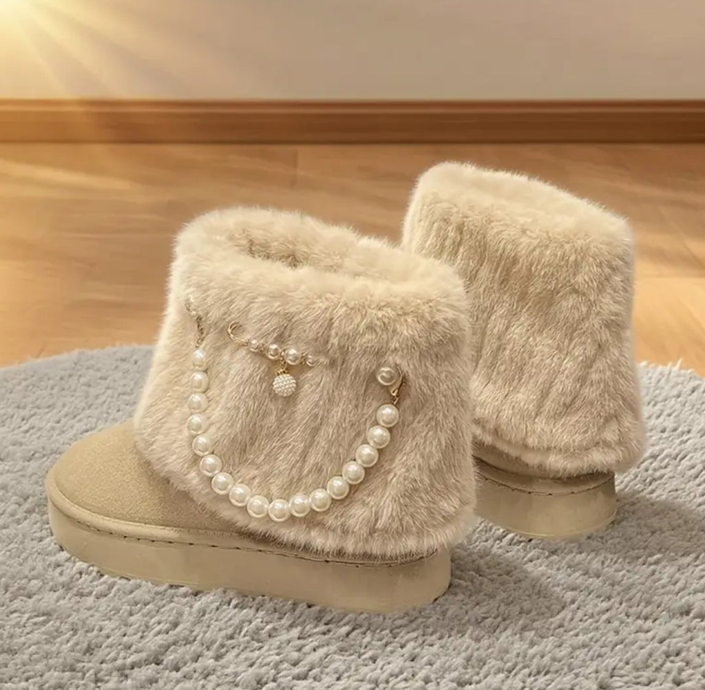 Elegant Ankle Winter Snow Moccasin Boots Faux Fur-like Lining & Pearl Detailing