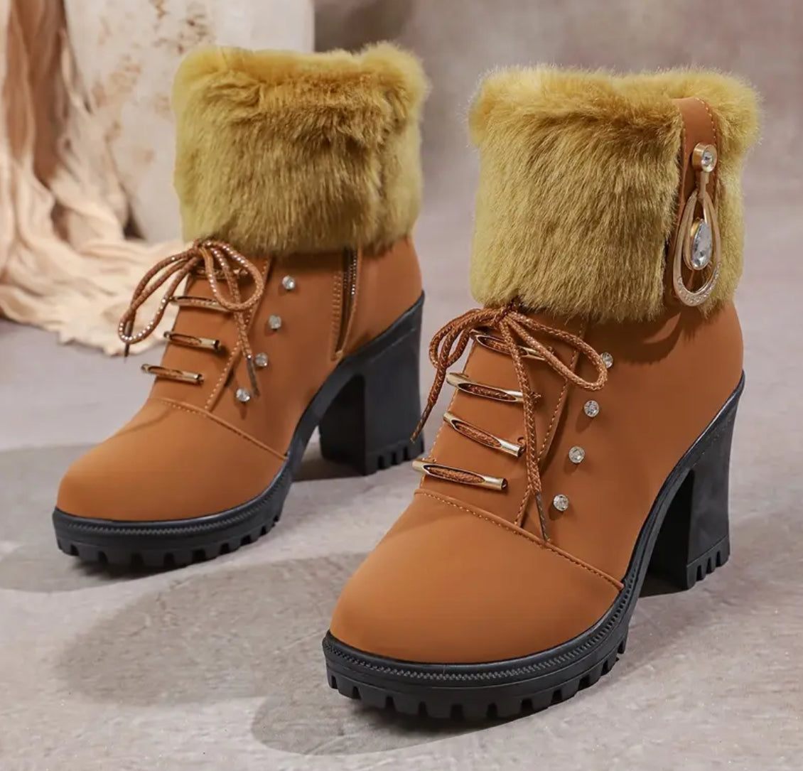 Teen Faux Fur-Leather Ankle boots Lace-up front, Side Zipper Closure & Rhinestone embellishment