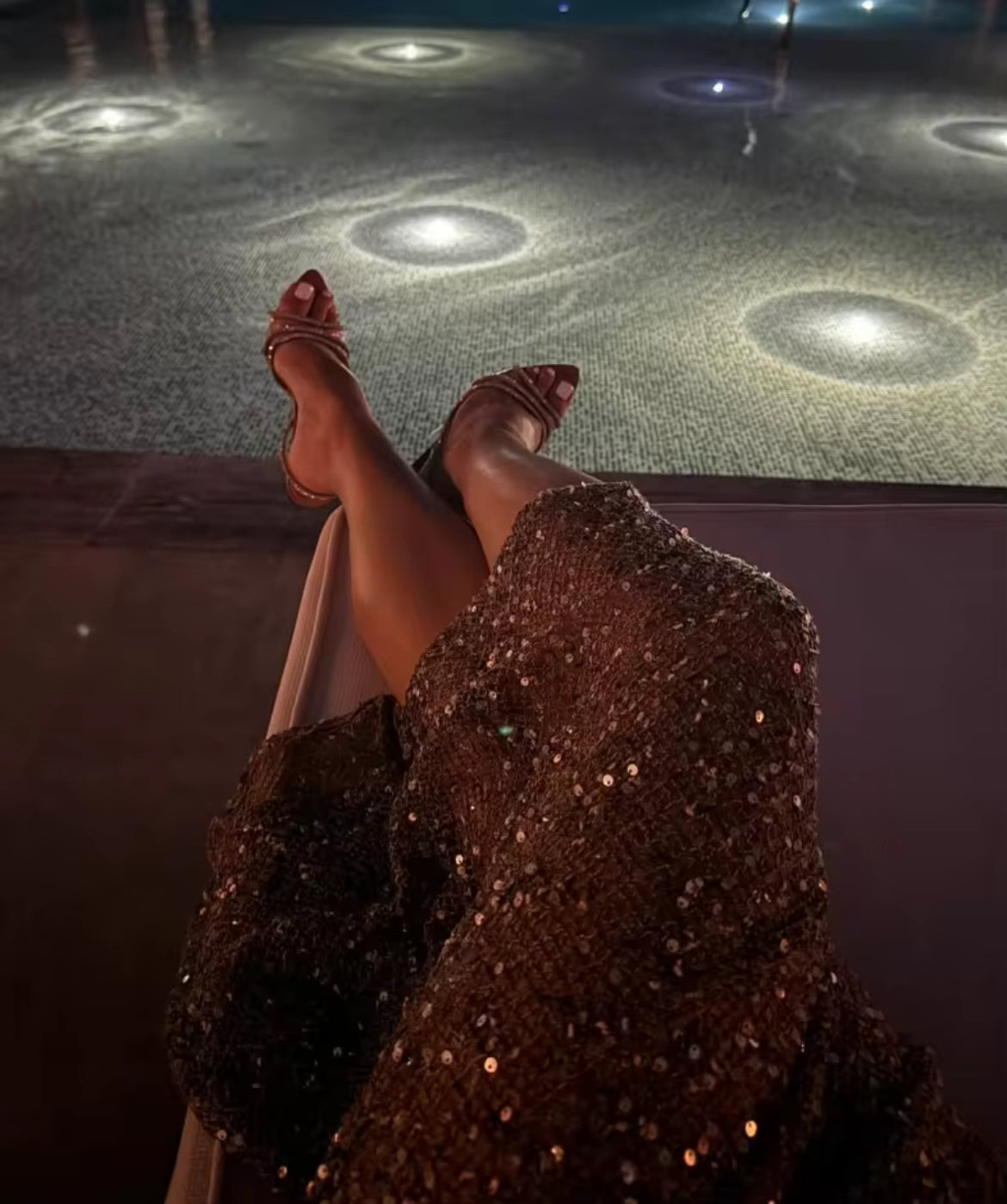 Shiny Hollow Out Sequins V-neck Flare Sleeve Long Evening Dress