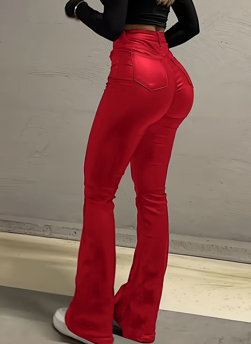 Women's Flared Bell Bottom High-Waisted, Faux Leather- Machine Washable 