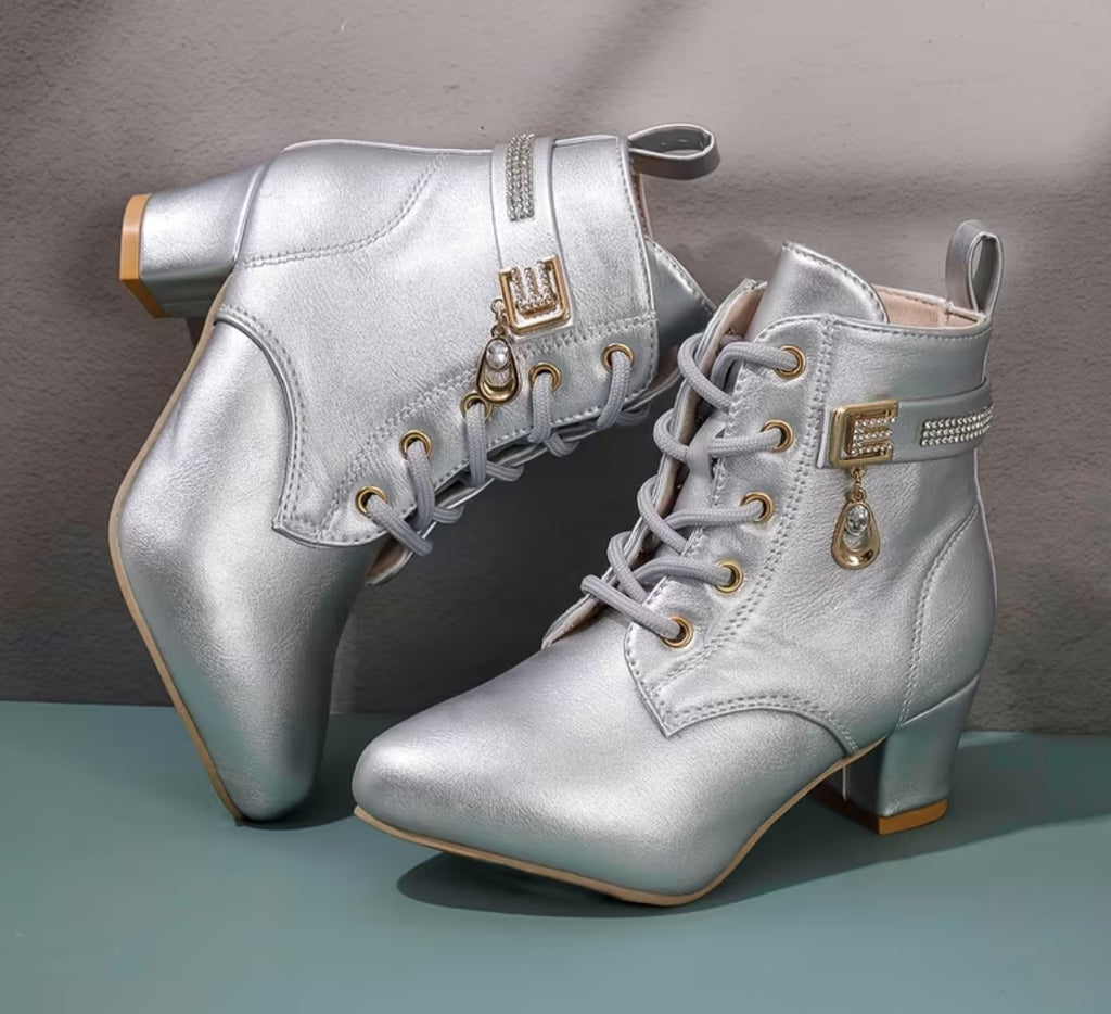 “Crystal Drop” Girls' Silver Lace-Up Ankle Boots With Chunky Heel and Rhinestones + Side Zipper 